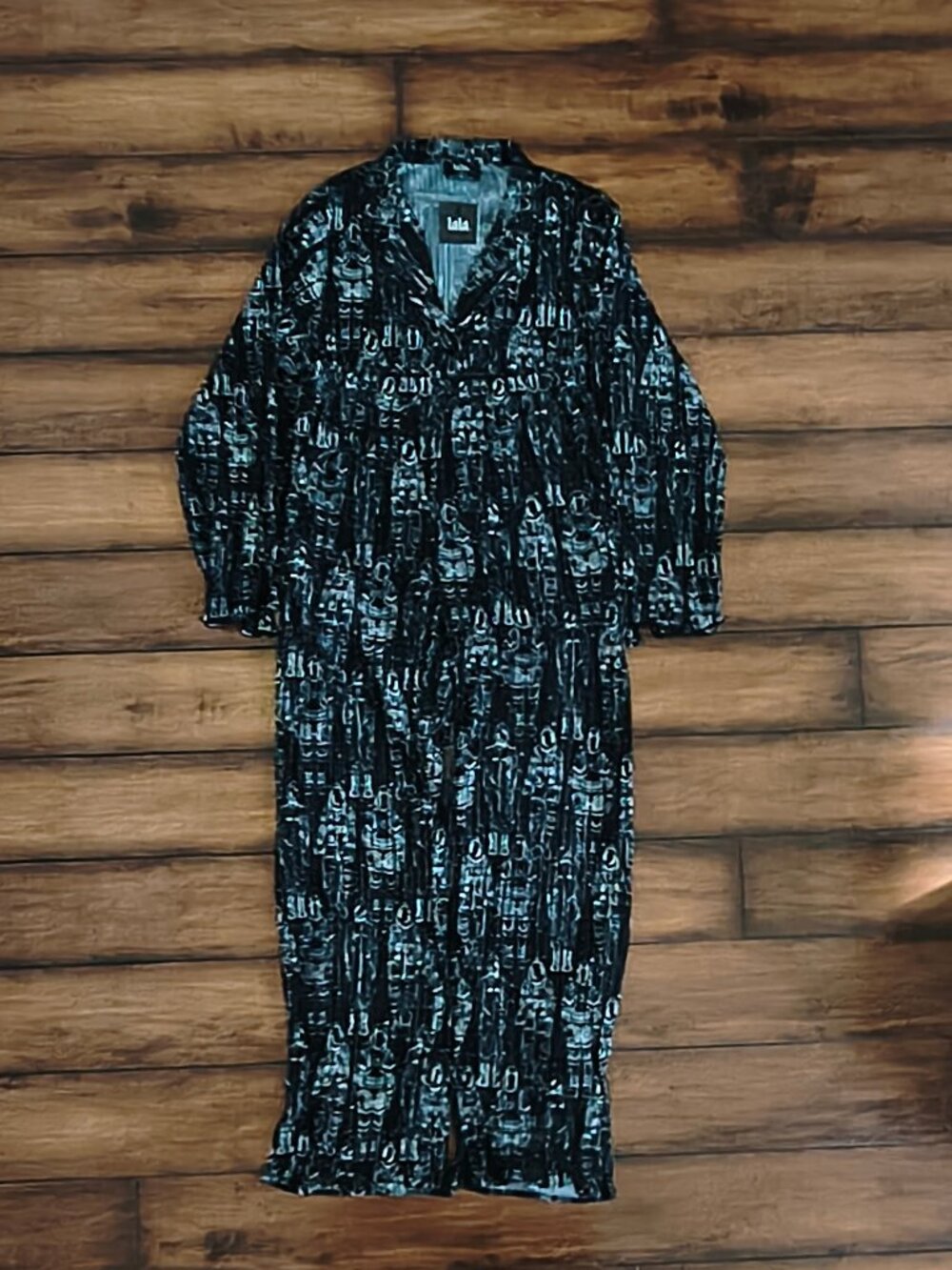 Dressed in LALA Astronaut Print Plissé 2 Pc Set Women's M Black Space Top Pants